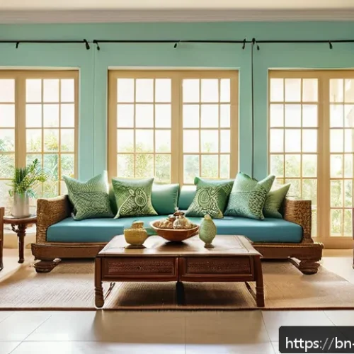 실내건축 디자인과 시공의 차이 - A serene living room interior designed for a Bengali family home, featuring walls painted in soft pa...
