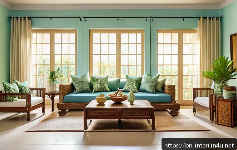 실내건축 디자인과 시공의 차이 - A serene living room interior designed for a Bengali family home, featuring walls painted in soft pa...