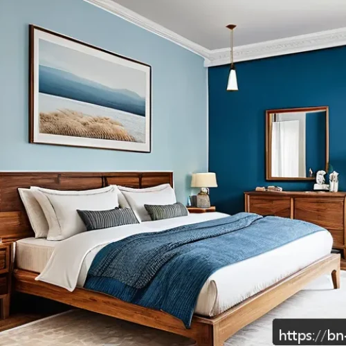 실내건축 초보자를 위한 이론 학습법 - A serene bedroom interior designed with calming blue walls symbolizing tranquility, featuring a neat...