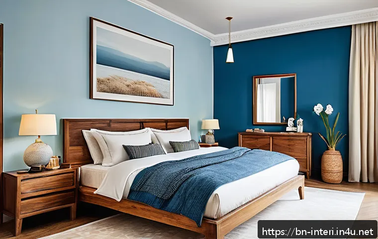 실내건축 초보자를 위한 이론 학습법 - A serene bedroom interior designed with calming blue walls symbolizing tranquility, featuring a neat...